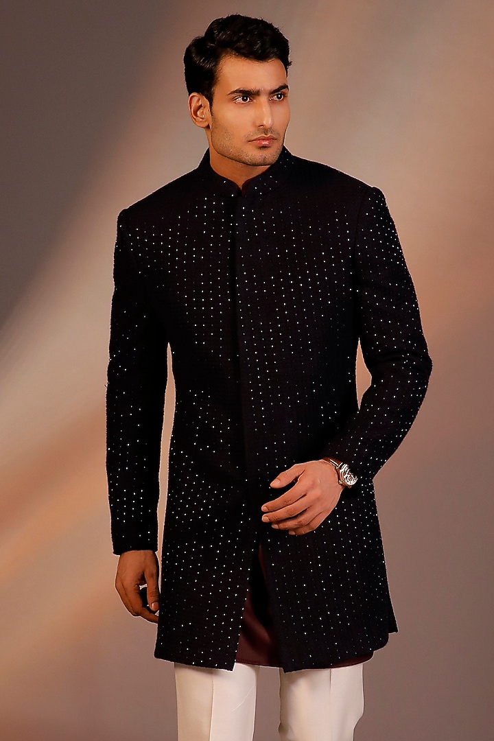 Navy Blue Georgette Embroidered Groom Indowestern Set by Line by Shamim Khan at Pernia's Pop Up Shop