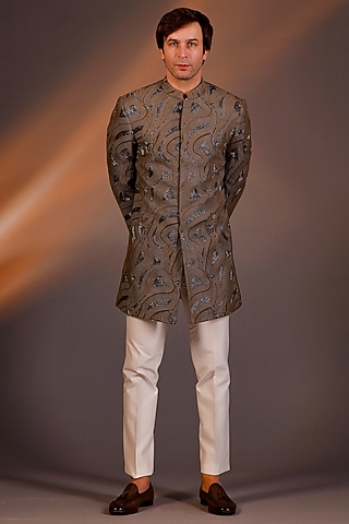 Mouse Brown Georgette & Cotton Silk Embroidered Indowestern Set by Line by Shamim Khan