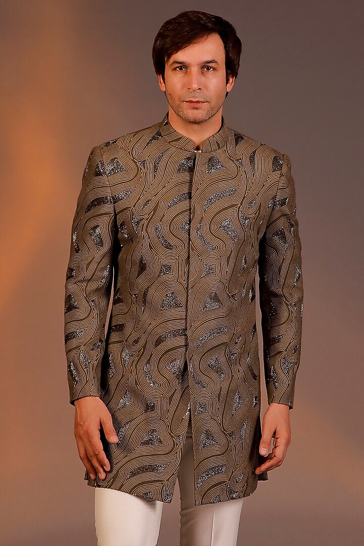 Mouse Brown Georgette & Cotton Silk Embroidered Groom Indowestern Set by Line by Shamim Khan at Pernia's Pop Up Shop