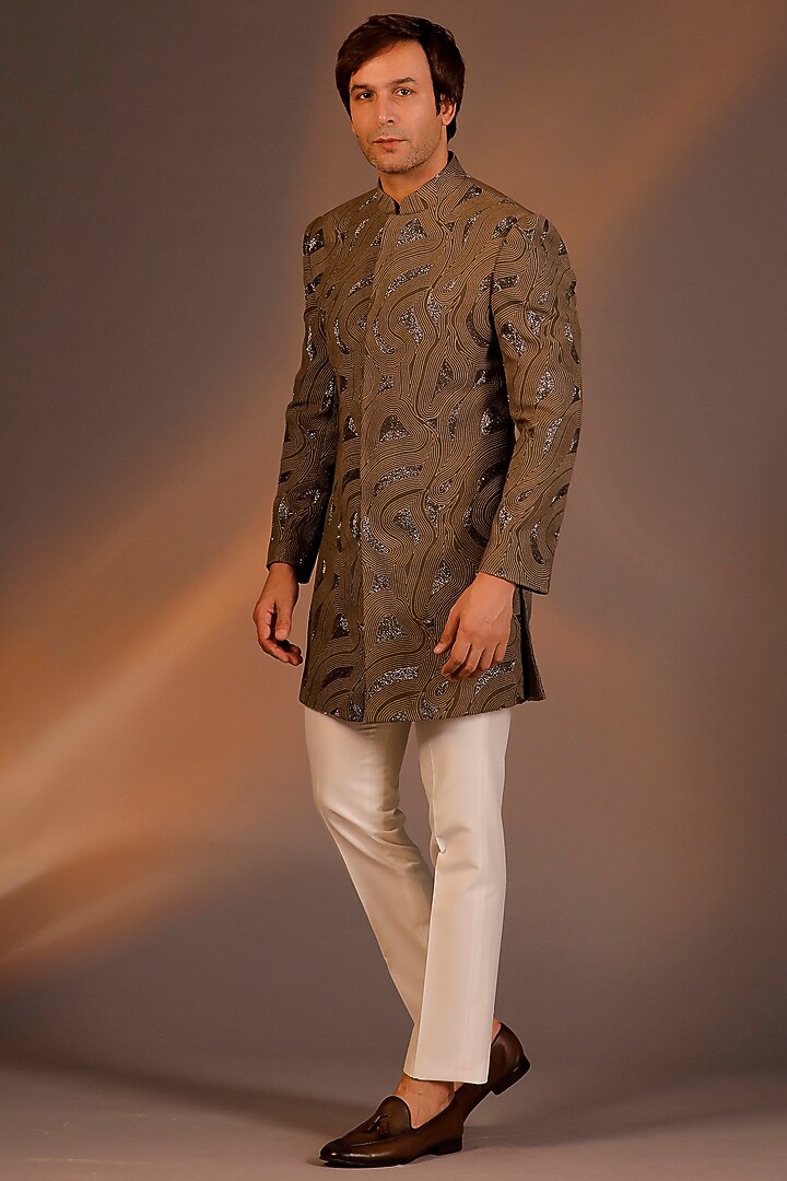 Mouse Brown Georgette & Cotton Silk Embroidered Groom Indowestern Set by Line by Shamim Khan at Pernia's Pop Up Shop