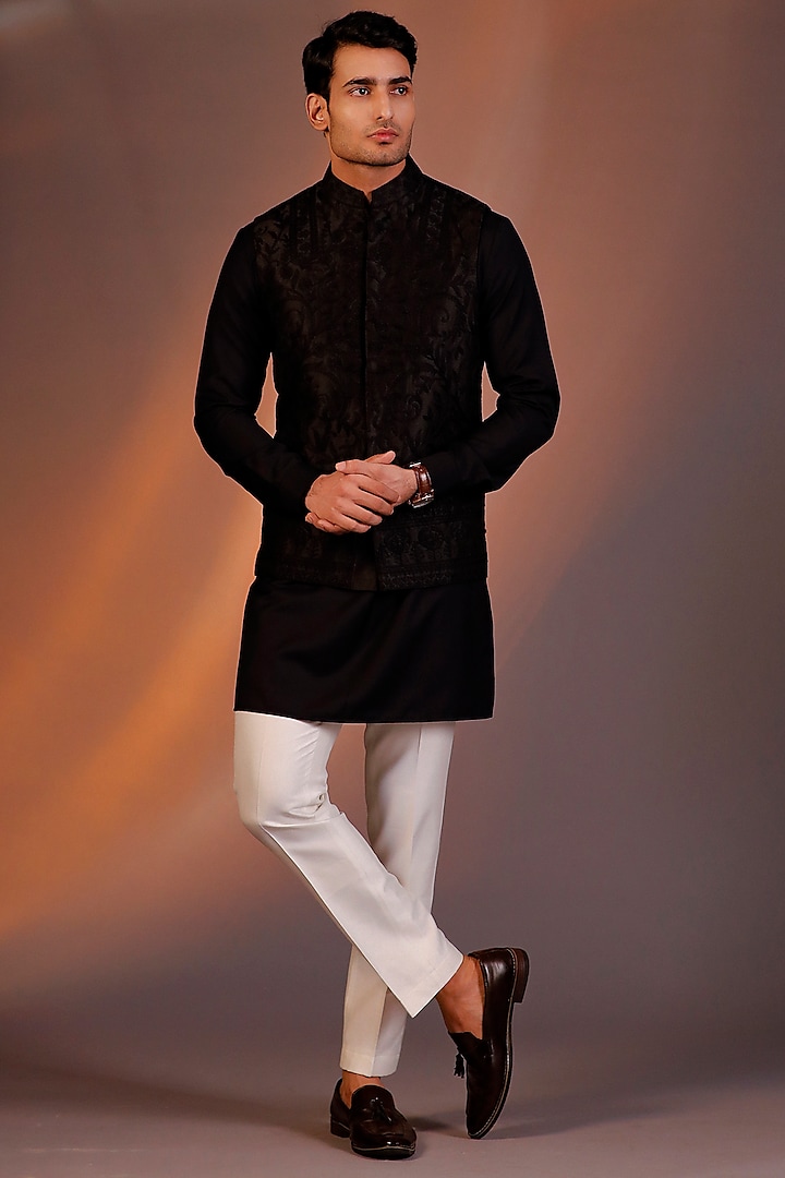 Black Raw Silk Embroidered Bundi Jacket Set by Line by Shamim Khan