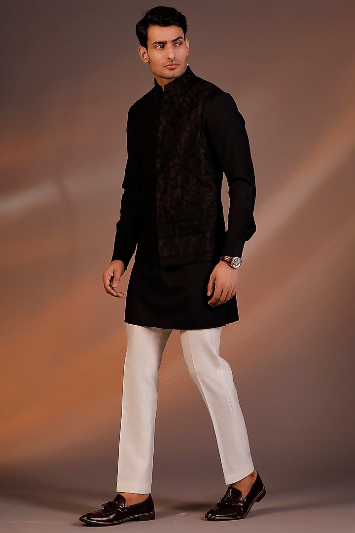 Black Raw Silk Embroidered Bundi Jacket Set by Line by Shamim Khan at Pernia's Pop Up Shop