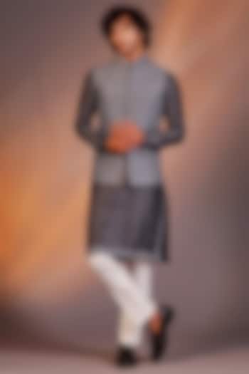 Grey Raw Silk Bundi Jacket Set by Line by Shamim Khan