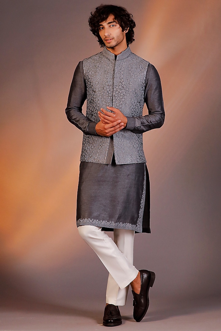 Grey Raw Silk Bundi Jacket Set by Line by Shamim Khan
