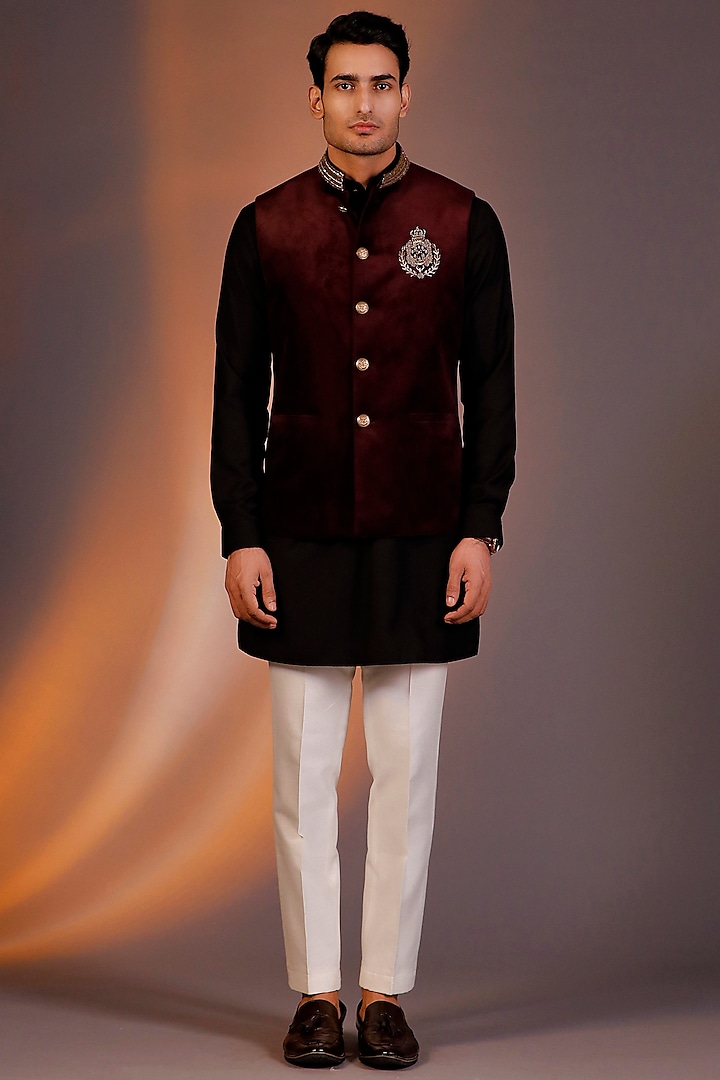 Maroon Velvet Bundi Jacket Set by Line by Shamim Khan
