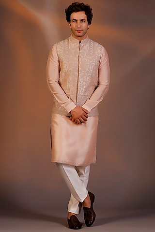 Light Peach Raw Silk Bundi Jacket Set by Line by Shamim Khan
