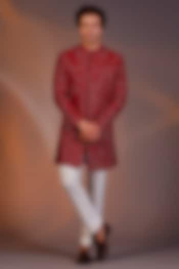 Red Georgette Embroidered Groom Indowestern Set by Line by Shamim Khan at Pernia's Pop Up Shop