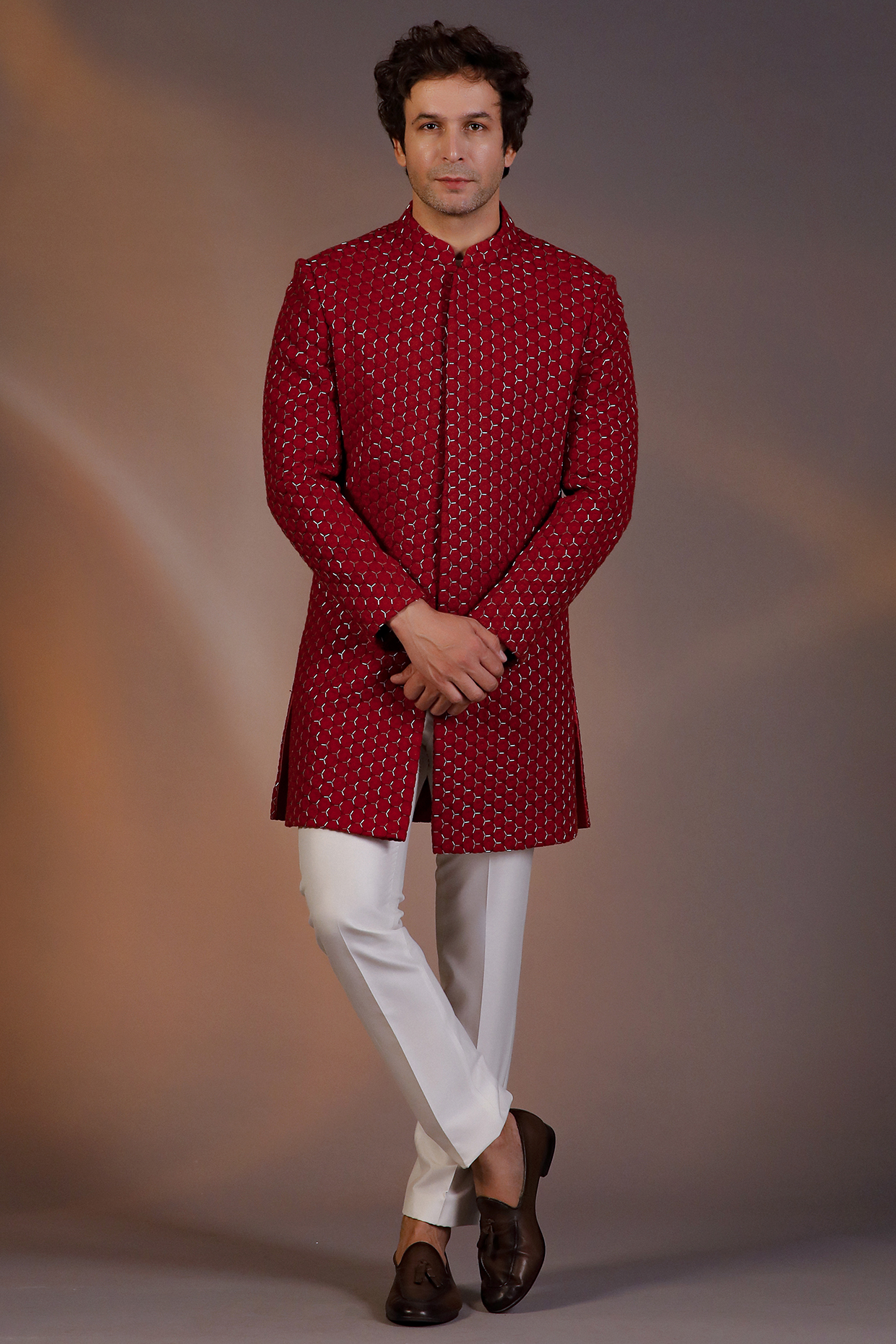 Red Georgette Embroidered Groom Indowestern Set by Line by Shamim Khan at Pernia's Pop Up Shop