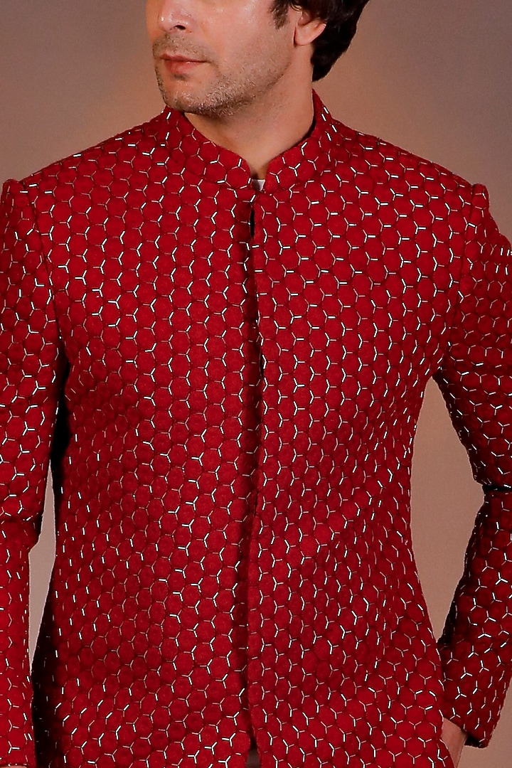 Red Georgette Embroidered Groom Indowestern Set by Line by Shamim Khan at Pernia's Pop Up Shop