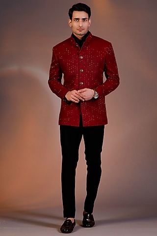 Maroon Georgette Indowestern Set by Line by Shamim Khan