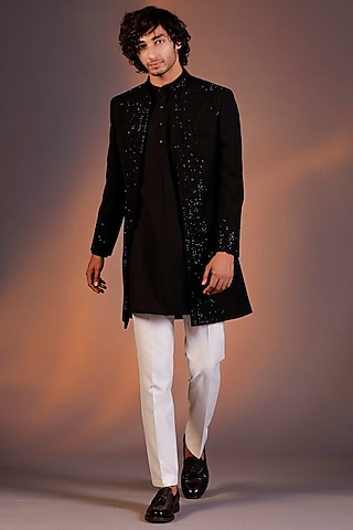 Black Silk Thread Work Indowestern Set by Line by Shamim Khan