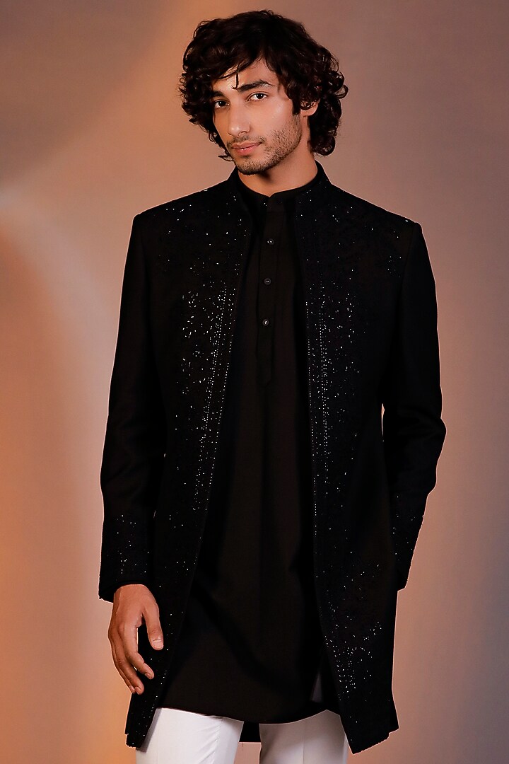 Black Silk Thread Work Groom Indowestern Set by Line by Shamim Khan at Pernia's Pop Up Shop