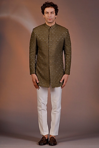 Military Green Georgette Embroidered Indowestern Set by Line by Shamim Khan