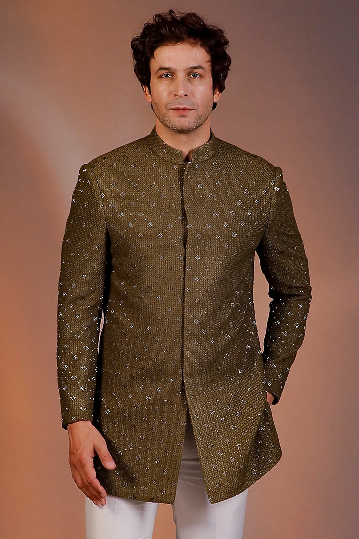Military Green Georgette Embroidered Wedding Indowestern Set by Line by Shamim Khan at Pernia's Pop Up Shop