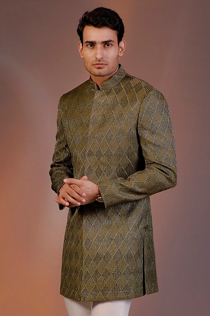 Dark Green Georgette Embroidered Wedding Indowestern Set by Line by Shamim Khan at Pernia's Pop Up Shop