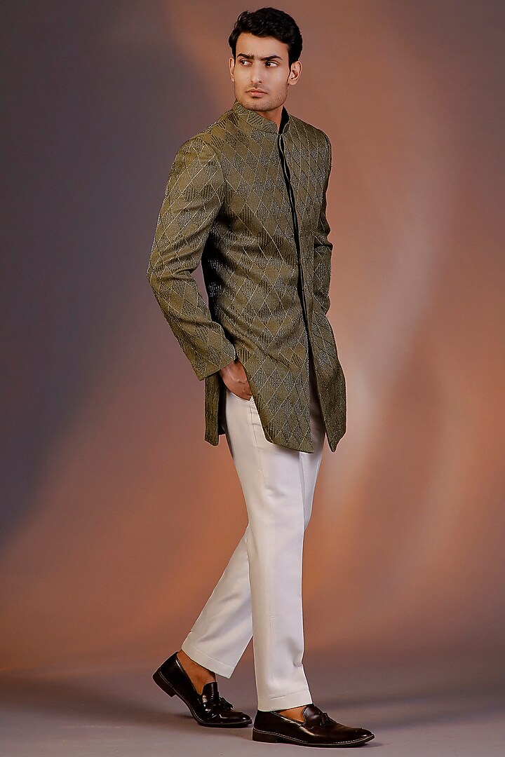 Dark Green Georgette Embroidered Wedding Indowestern Set by Line by Shamim Khan at Pernia's Pop Up Shop