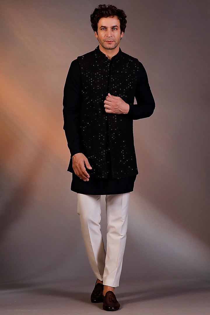 Black Georgette Bundi Jacket Set by Line by Shamim Khan