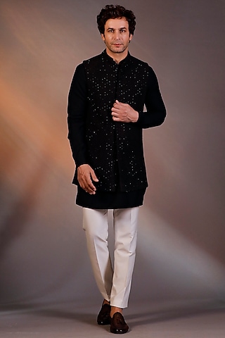 Black Georgette Bundi Jacket Set by Line by Shamim Khan