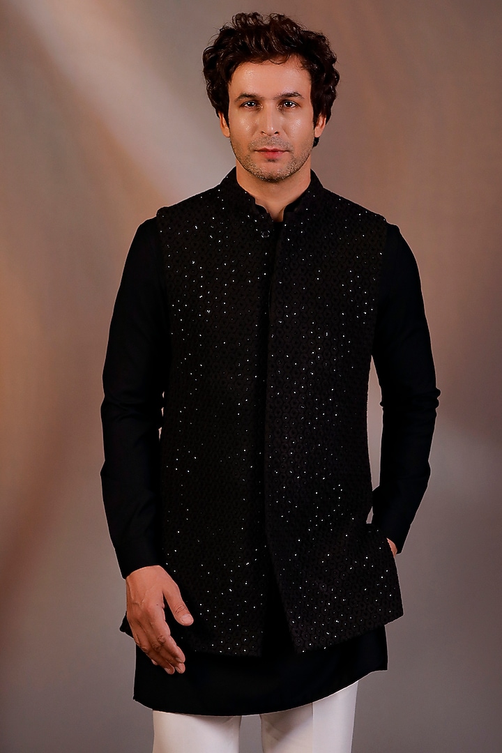 Black Georgette Bundi Jacket Set by Line by Shamim Khan at Pernia's Pop Up Shop