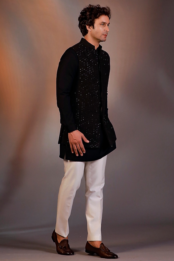 Black Georgette Bundi Jacket Set by Line by Shamim Khan at Pernia's Pop Up Shop