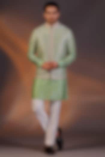 Light Green Raw Silk Bundi Jacket Set by Line by Shamim Khan