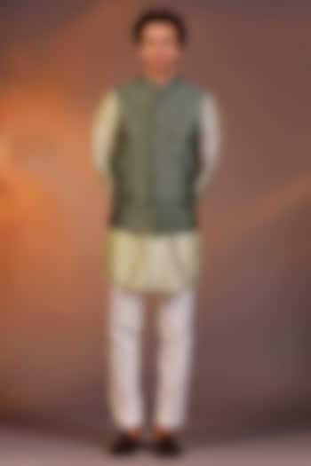 Dark Green Raw Silk Bundi Jacket Set by Line by Shamim Khan