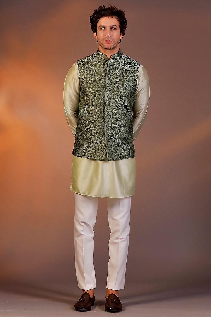 Dark Green Raw Silk Bundi Jacket Set by Line by Shamim Khan