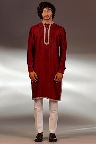 Maroon Silk Kurta Set by Line by Shamim Khan