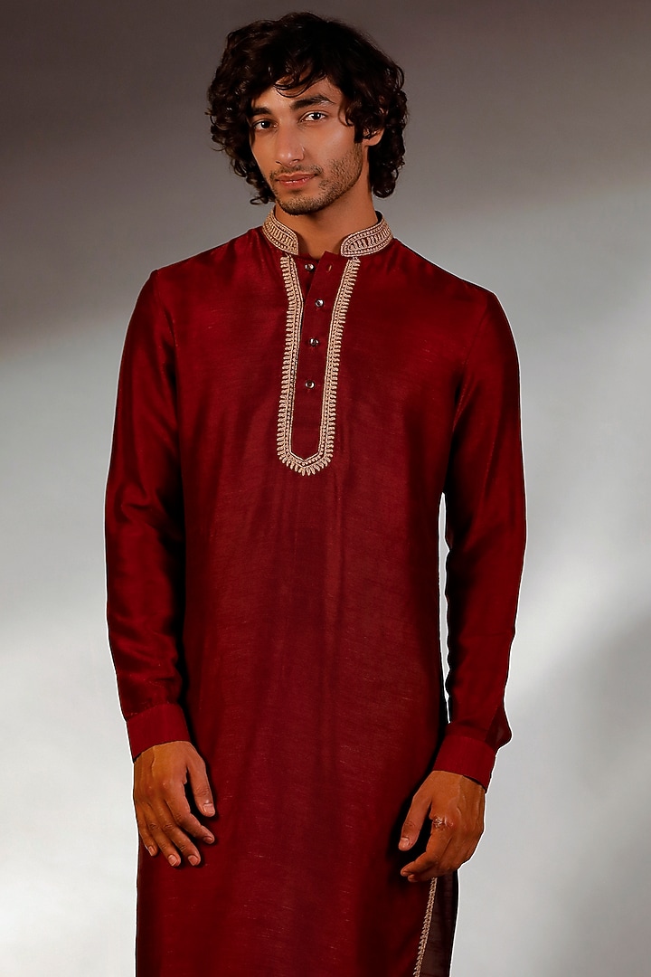 Maroon Silk Kurta Set by Line by Shamim Khan at Pernia's Pop Up Shop