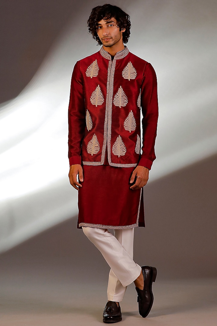 Maroon Raw Silk Dori Work Bundi Jacket Set by Line by Shamim Khan