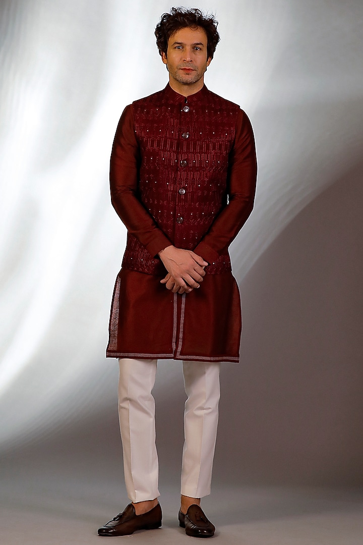 Maroon Raw Silk Embroidered Bundi Jacket Set by Line by Shamim Khan