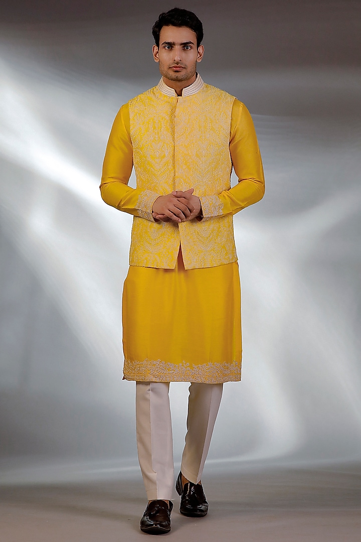 Yellow Raw Silk Embroidered Bundi Jacket Set by Line by Shamim Khan