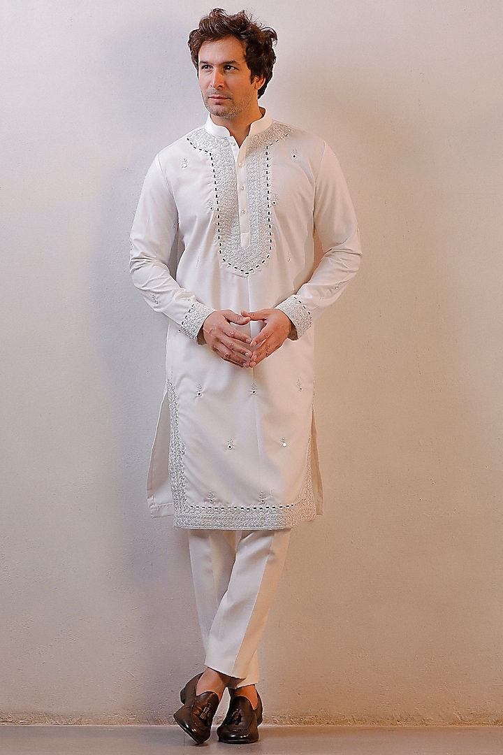 White Silk Kashmiri Work Kurta Set by Line by Shamim Khan