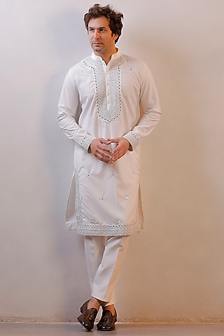 White Silk Kashmiri Work Kurta Set by line by shamim khan