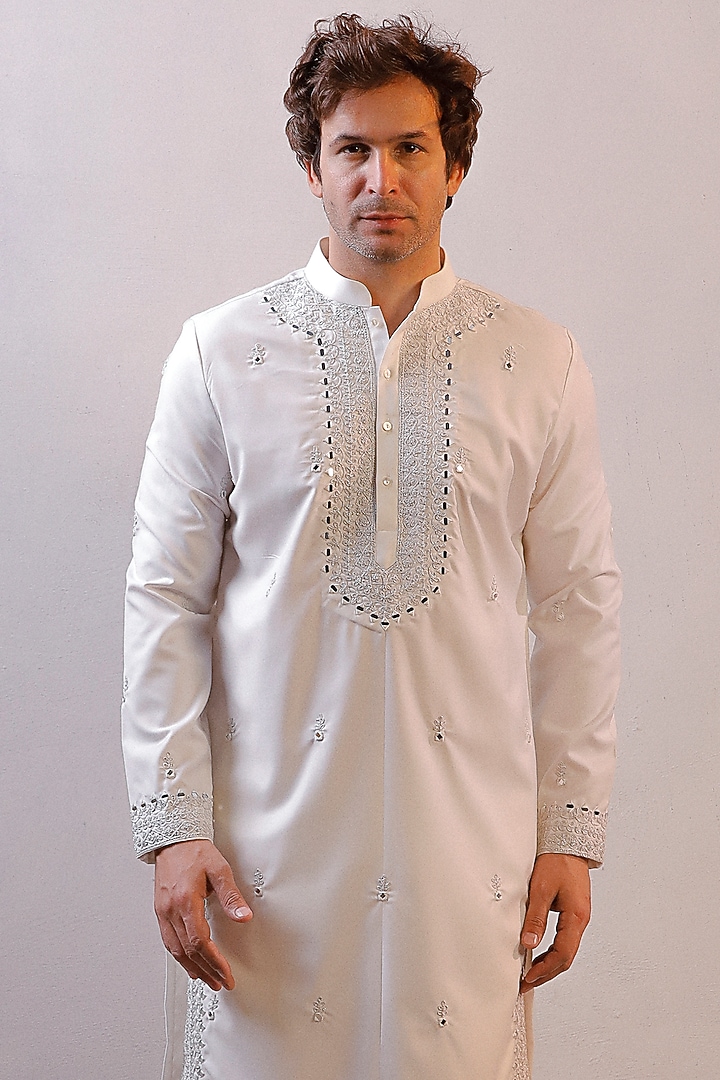 White Silk Kashmiri Work Kurta Set by Line by Shamim Khan at Pernia's Pop Up Shop