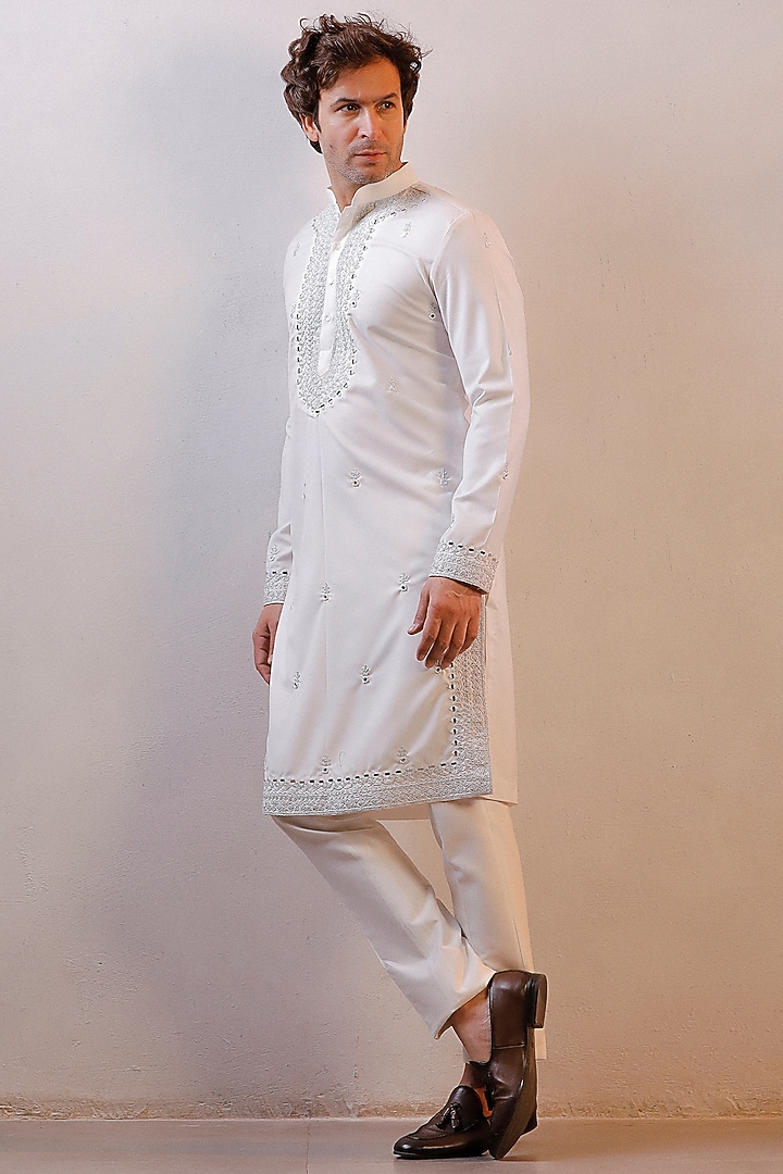 White Silk Kashmiri Work Kurta Set by Line by Shamim Khan at Pernia's Pop Up Shop
