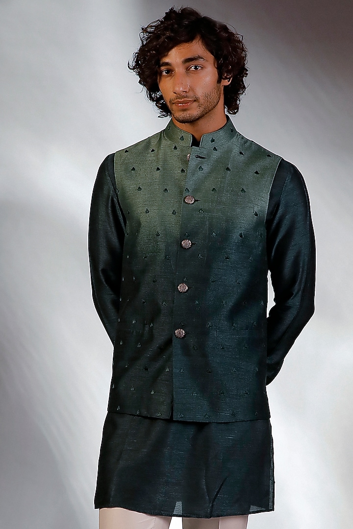 Dark Green Raw Silk Bundi Jacket Set by Line by Shamim Khan at Pernia's Pop Up Shop
