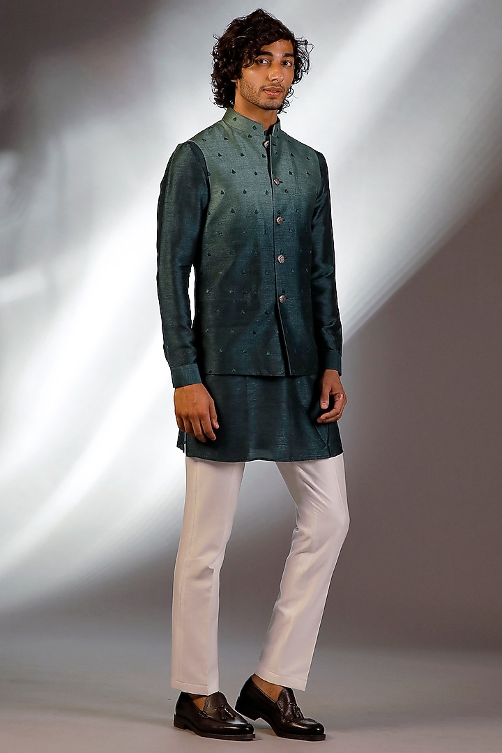 Dark Green Raw Silk Bundi Jacket Set by Line by Shamim Khan at Pernia's Pop Up Shop