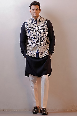 Navy Blue Raw Silk Embroidered Bundi Jacket Set by Line by Shamim Khan