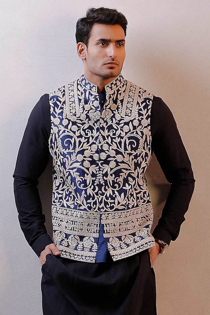 Navy Blue Raw Silk Embroidered Bundi Jacket Set by Line by Shamim Khan at Pernia's Pop Up Shop