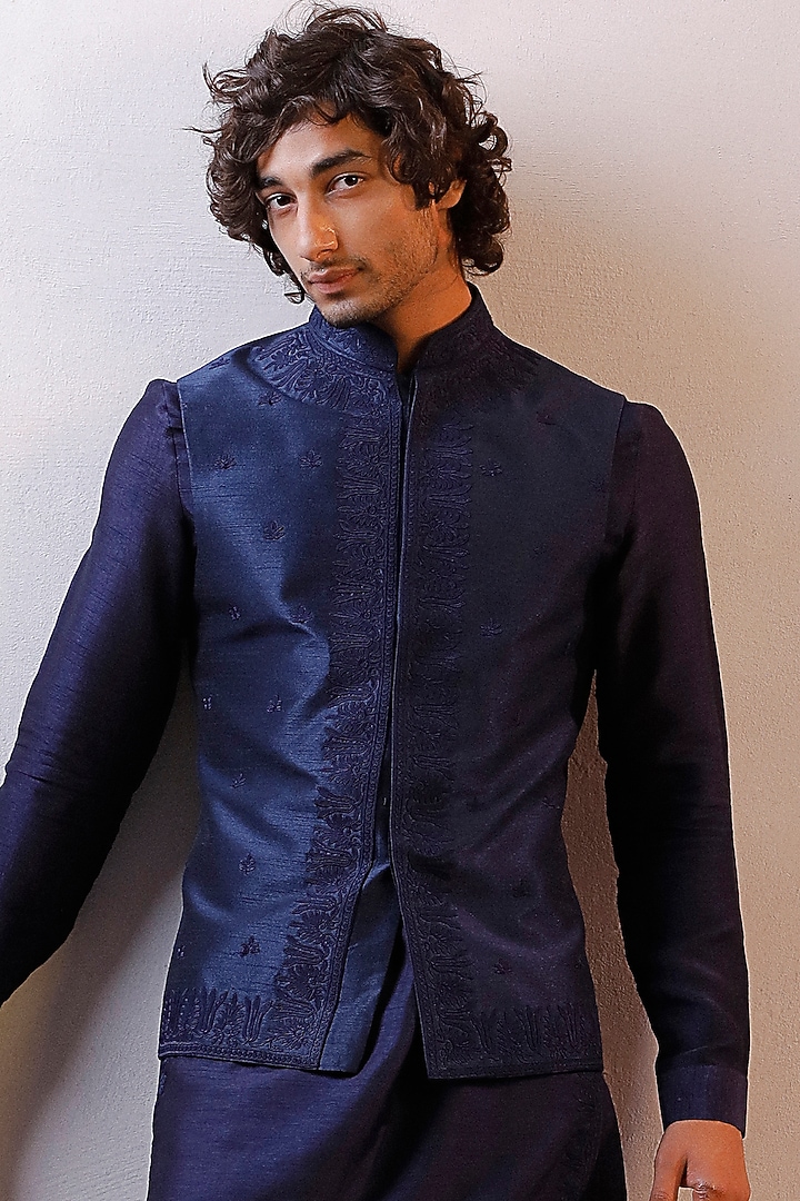 Blue Raw Silk Thread Hand Embroidered Nehru Jacket Set by Line by Shamim Khan at Pernia's Pop Up Shop