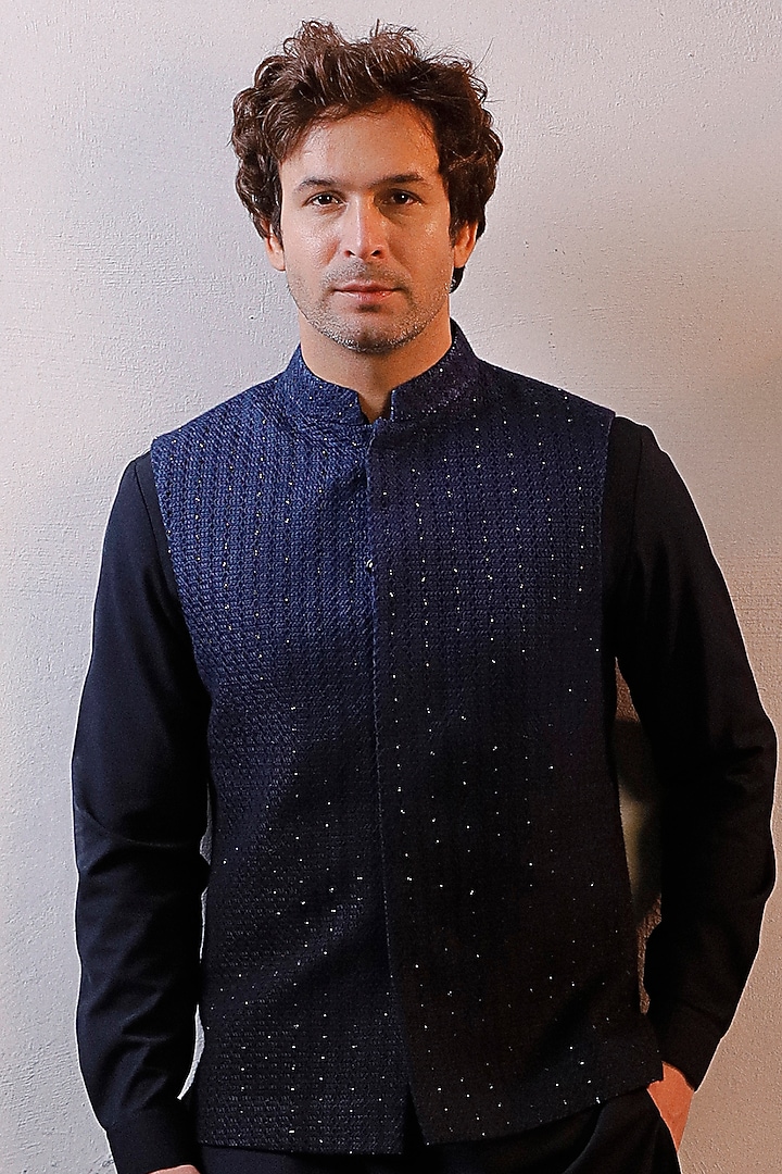 Blue Ombre Georgette Thread & Cutdana Embroidered Nehru Jacket Set by Line by Shamim Khan at Pernia's Pop Up Shop