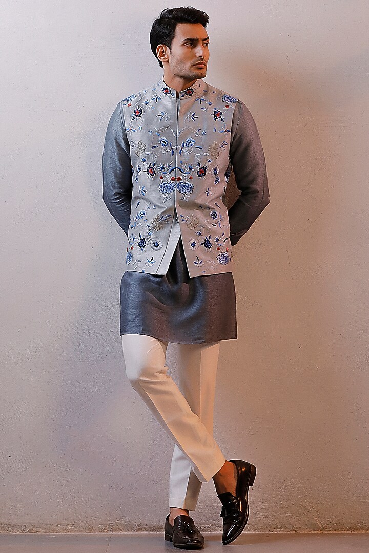 Grey Raw Silk Embroidered Nehru Jacket Set by Line by Shamim Khan at Pernia's Pop Up Shop