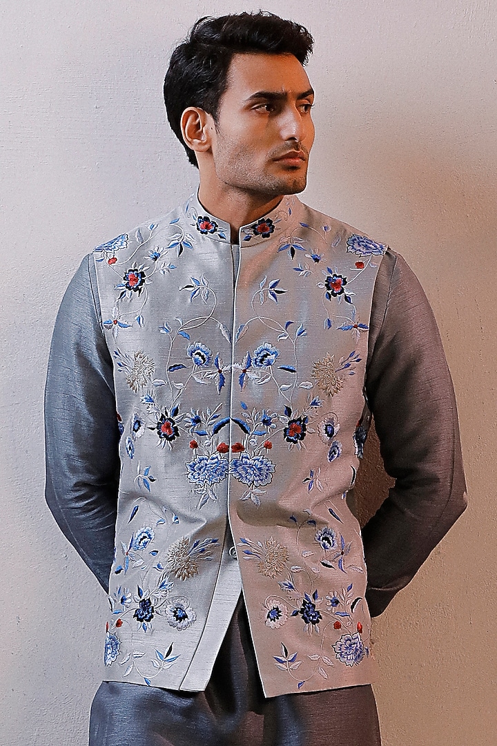 Grey Raw Silk Embroidered Nehru Jacket Set by Line by Shamim Khan at Pernia's Pop Up Shop