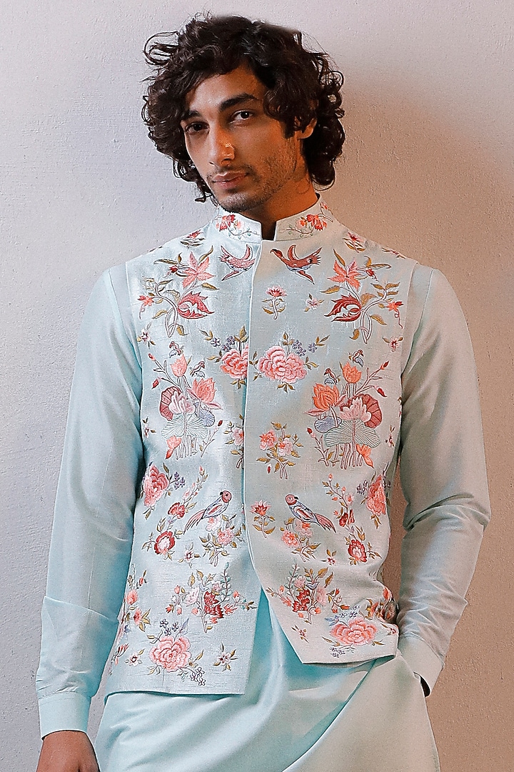 Powder Blue Raw Silk Embroidered Nehru Jacket Set by Line by Shamim Khan at Pernia's Pop Up Shop