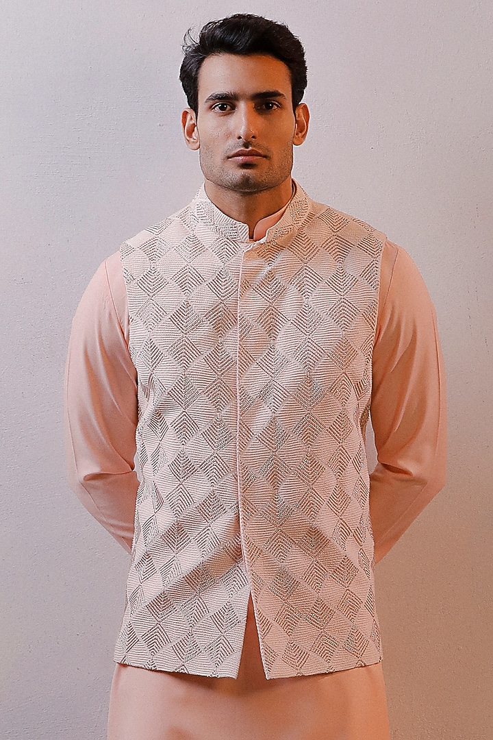 Peach Embroidered Nehru Jacket Set by Line by Shamim Khan at Pernia's Pop Up Shop