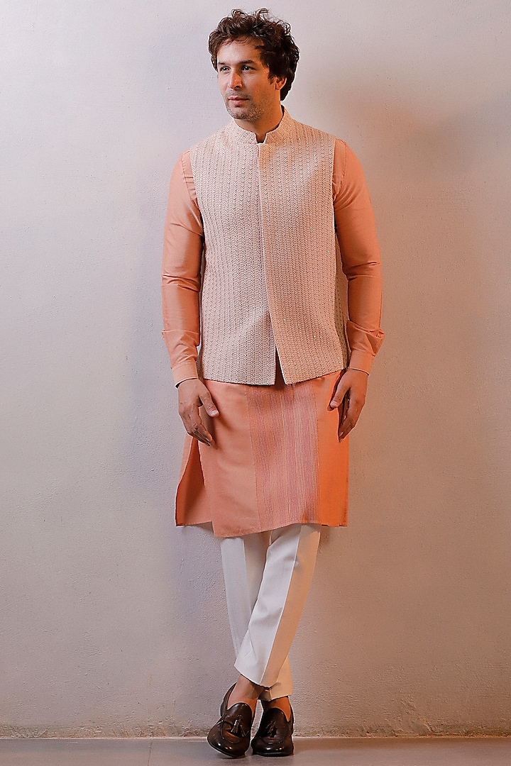 Peach Georgette Embroidered Nehru Jacket Set by Line by Shamim Khan