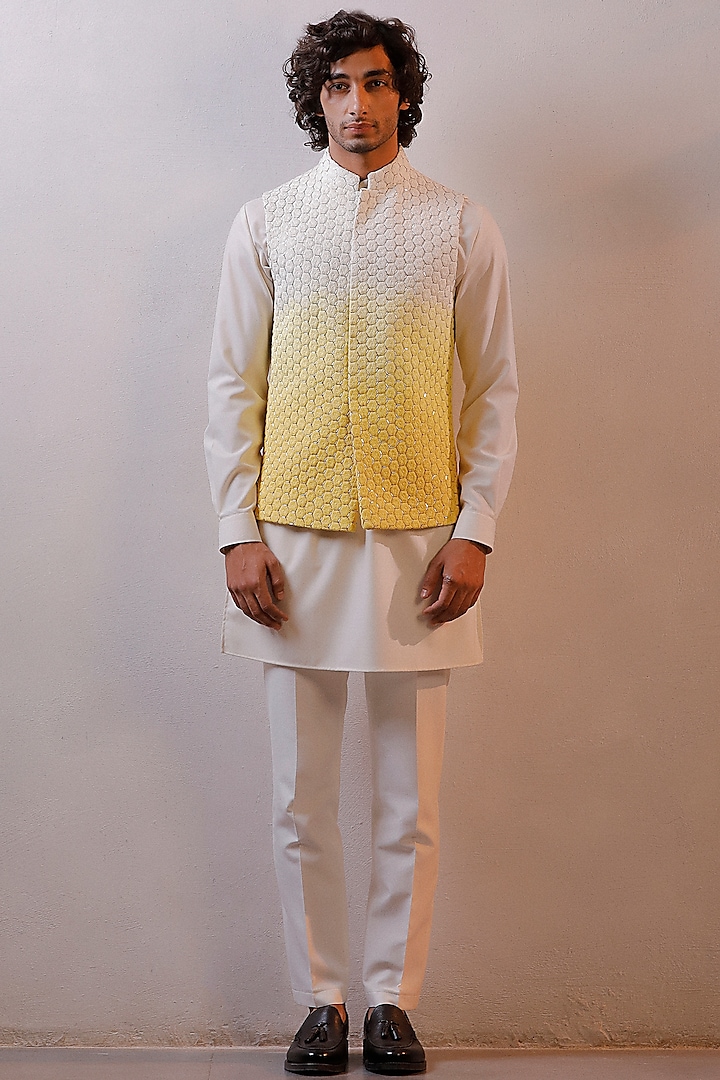 Yellow Ombre Georgette Nehru Jacket Set by Line by Shamim Khan