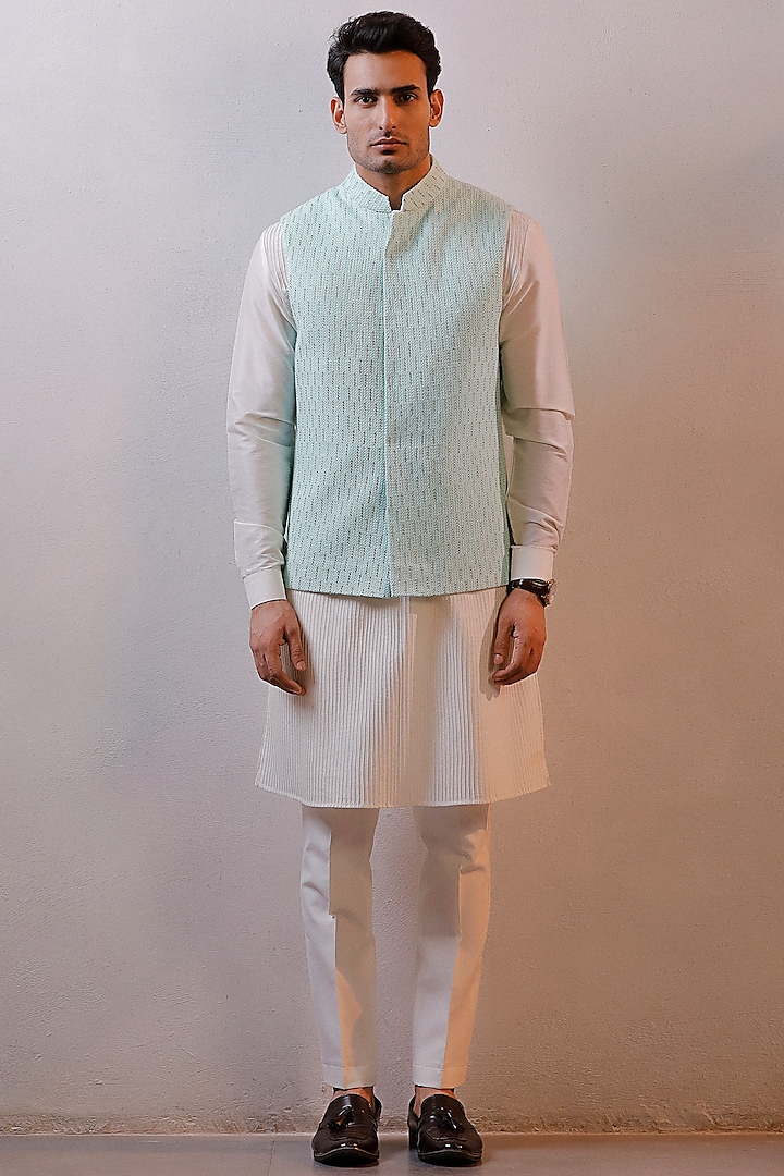 Mint Green Georgette Embroidered Nehru Jacket Set by Line by Shamim Khan at Pernia's Pop Up Shop