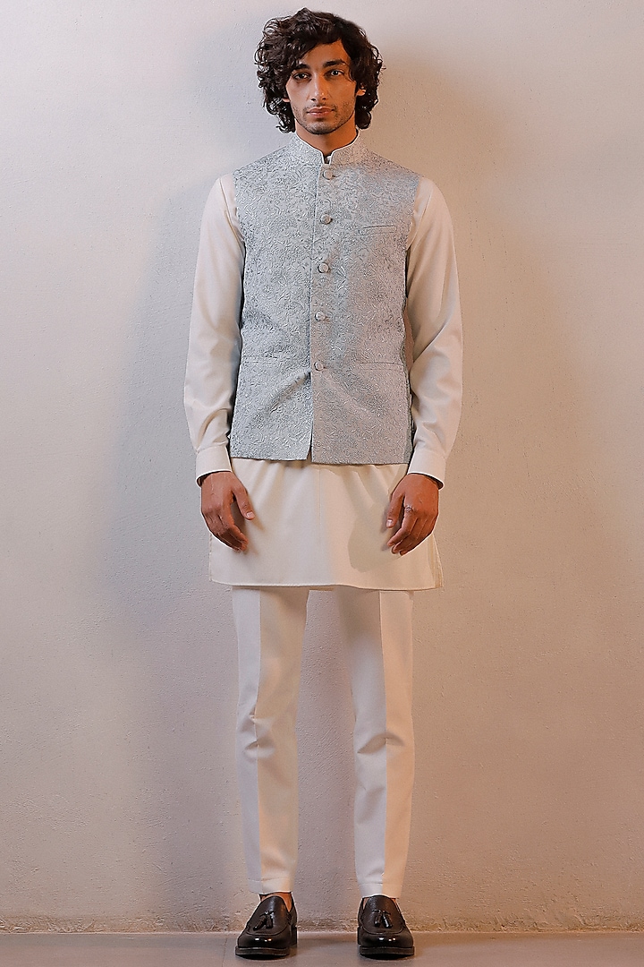 Grey Silk Embroidered Nehru Jacket Set by Line by Shamim Khan
